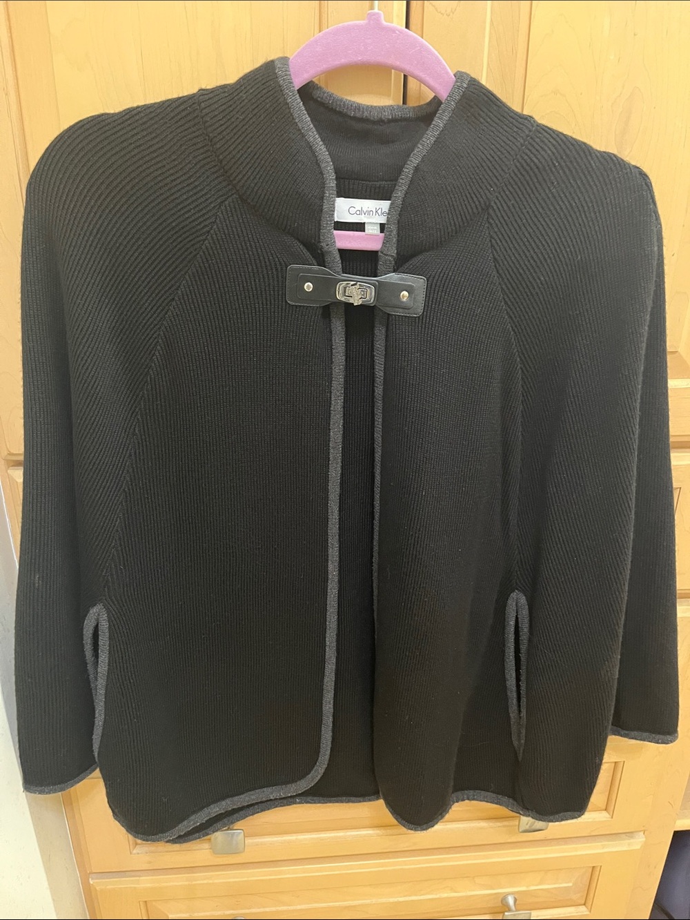 Calvin Klein Black Knit Toggle Cape Cardigan with Gray Trim